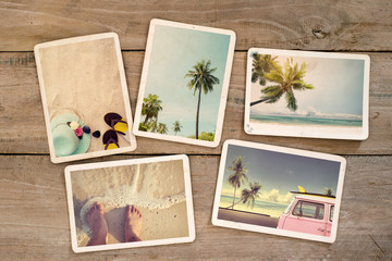 Photo album remembrance and nostalgia journey in summer surfing beach trip on wood table. instant...
