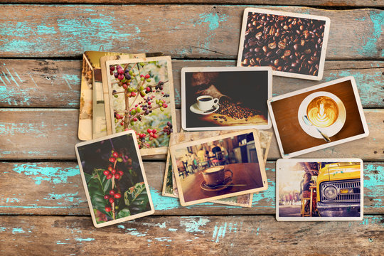 Coffee photo album on wood table. instant photo of classic film camera - vintage and retro style