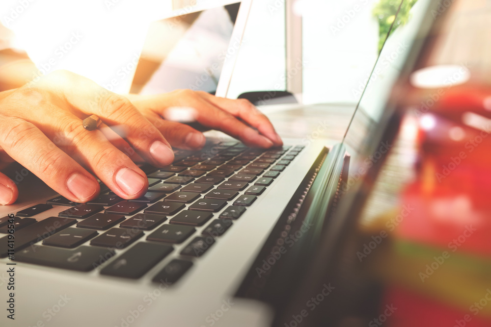 Poster Website designer working digital tablet and computer laptop with