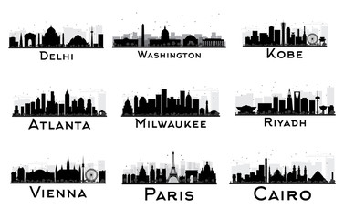Set of City Skyline Black and White Silhouette.