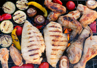 Grilled chicken breasts, wings and legs