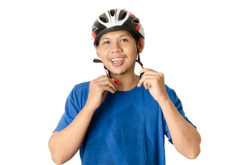 Man is wearing bicycle helmet ready to cycling isolated on white background