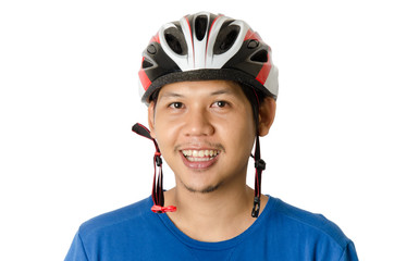 Man is wearing bicycle helmet ready to cycling isolated on white background