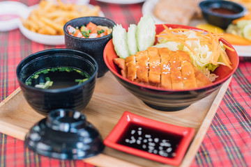 Fried Chicken Teriyaki with steamed rice and salad