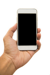 Hand hold smartphone on white background