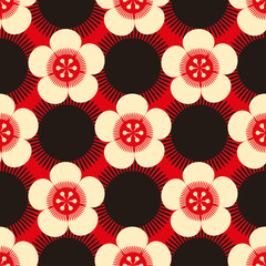a japanese style seamless tile with cherry flowers patterns in red, black, and ivory