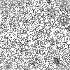 Outlined background design of seamless ornate textile pattern with heart and pinwheel lines and shapes
