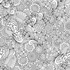 Full frame outline of elegant seamless pattern with shapes of hearts  flowers  leaves and intricate lines