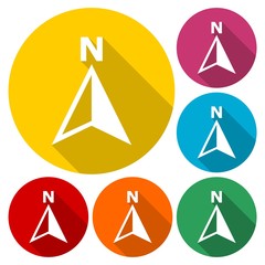 Vector north direction compass icons set with long shadow