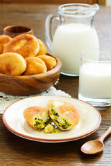 Homemade cakes with egg and onion. Russian kitchen.