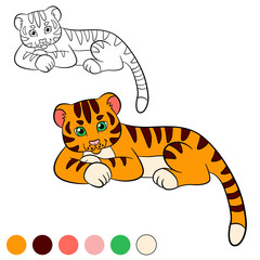 Coloring page. Color me: tiger. Little cute baby tiger smiles.
