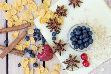 yogurt  strawberry  cherries and blueberries corn flakes