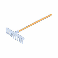Rake with a wooden handle icon, cartoon style
