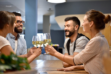 Friends in bar cheering with wine glasses