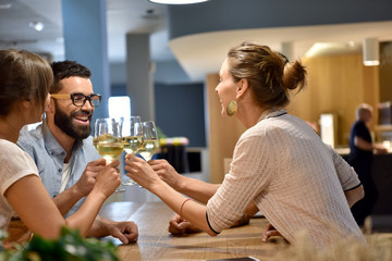 Friends in bar cheering with wine glasses