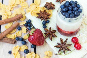 yogurt  strawberry  cherries and blueberries corn flakes