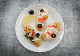 Tasty various italian sandwiches with seafood