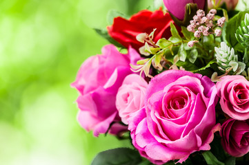Bouquet of rose flower on blur green tree background