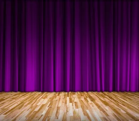 Papier Peint photo Théâtre Background with purple curtain and wooden floor interior backgro