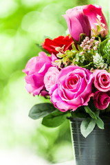 Bouquet of rose flower on blur green tree background