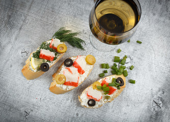 Tasty various italian sandwiches with seafood