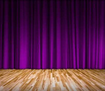 Background With Purple Curtain And Wooden Floor Interior Backgro