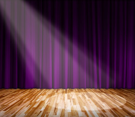 Background. lighting on stage. Purple curtain and wooden floor i