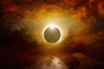 Fototapeta premium Full sun eclipse in dark red sky, end of world