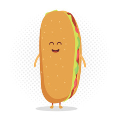 Kids restaurant menu cartoon cardboard character. Funny cute hot dog drawn with a smile, eyes and hands.