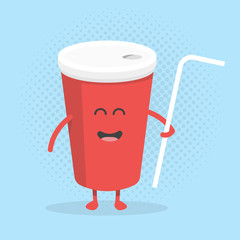 Kids restaurant menu cardboard character. Funny cute cola cup drawn with a smile, eyes and hands.