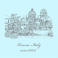 Italy retro landscape vector Verona. Hand drawn sketch in pen and ink illustration.