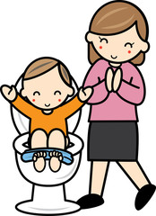トイレに成功する幼児と褒めるママ