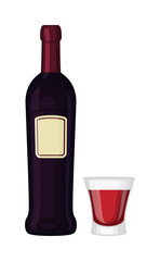 Glass and bottle of wine drink alcohol beverage winery cabernet design vector illustration. Wine bottle and glass elegance product, red wine bottle and bar glass. Merlot product champagne brand.