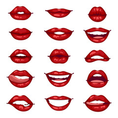 Obraz premium Female lips isolated on white sweet passion lust makeup mouth. Set woman lips romance cosmetic sensuality desire. Set of mouth smile woman red sexy woman lips isolated shape romantic print.