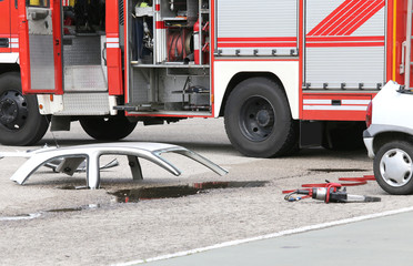road accident with car parts