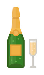 Champagne bottle and champagne glass vector illustration. Alcohol celebration wine isolated champagne bottle. Holiday gold glass new year party beverage champagne romantic drink bottle.