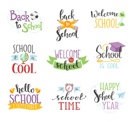 Fototapeta premium Back to school calligraphic text designs. Retro style back to school text elements vintage ornaments. Vector set back to school text education learning colorful pencil color typography decoration.