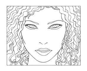 Vector black and white illustration of beautiful female face.Coloring page.