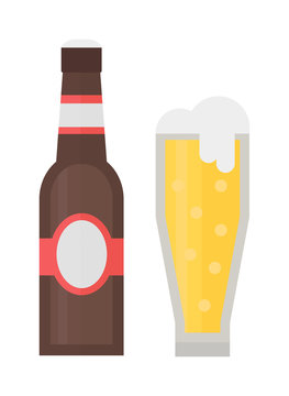 Beer glass bottle on white background and vector beer glass bottle. Beer glass bottle beverage liquid cold and pub lager beer glass bottle. Bottle fresh dark cold beer and glass full delicious beer.