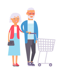 Handsome couple doing shopping city lights vector illustration. Buying happiness customer casual two shopping couple people. Happy beautiful old shopping couple indoors romance shopaholic embracing.