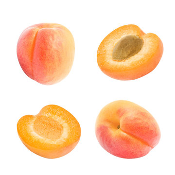 Set of juicy orange whole apricot, slices of apricot with and without stone isolated on a white background. Design element for product label, catalog print, web use.