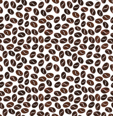 Seamless pattern of grains of coffee on a white background.