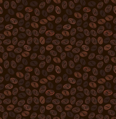 Seamless pattern of grains of coffee on a dark brown background.