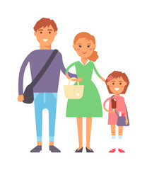 Happy family portrait together vector characters. Vacation family fun together and cartoon family joy together. Parent leisure cheerful portrait family.