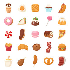 Vector food icons and sweet fast food elements. Food icons restaurant bread dinner menu. Cake design food icons kitchen beverage dinner and sweet dessert rolls, croissants. Chinese fast food.