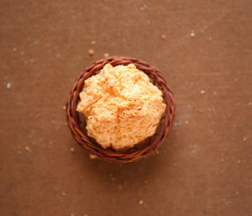 Coconut Cookies with wooden basket on wooden background