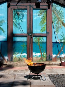 Shed and mural with bbq on patio