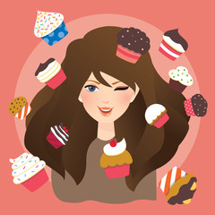 beautiful girls woman with cup cakes illustration