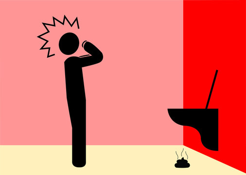 Illustration Mann erschrocken &uuml;ber Zustand von Toilette
