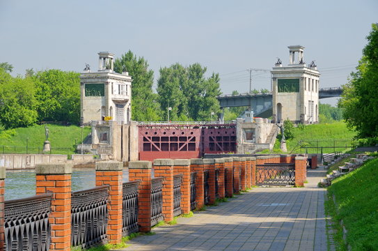 The embankment of the canal named after Moscow. The gateway No. 8 in Shchukino, Moscow, Russia